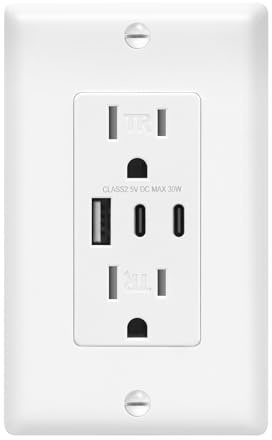 ECOELER USB C Wall Outlet Receptacle, 30W Charging Electrical Socket with USB-C & A Ports, 15 Amp Receptacle Plug, Tamper Resistant Outlet, Standard Wall Plate Included, ETL Listed, White