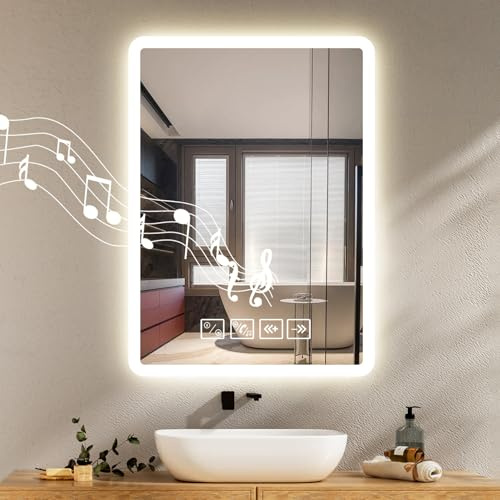 Bluetooth Miroir LED Salle de Bain avec Eclairage 50x70cm,Miroir Lumineux Salle de Bain Mural,Miroirs LED avec Anti-Buée,Interrupteur Tactile,Affichage Heure,3 Couleurs Lumière,Dimmable,Mémoire
