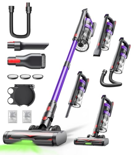 Cordless Vacuum Cleaner, 50KPa 600W Powerful Stick Vacuum for Home, 65Mins Runtime, 1.8L XL Dust Cup One-Touch Empty, Green LED Anti-Tangle Brush & Fragrance, for Pet Hair Carpet Hard Floor