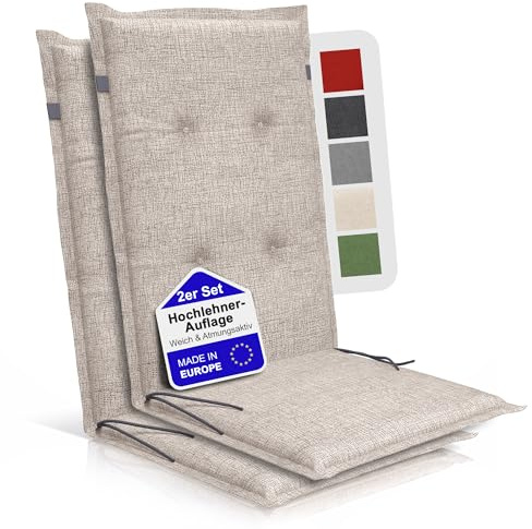 BI International Relexo Premium - Hochlehner Auflage Gartenstuhl Stuhlauflage mit Polster, Outdoor Sitzkissen & Stuhlkissen für Gartenmöbel Auflage wetterfest, Sitzkissen bequem (Taupe, 2er Set)