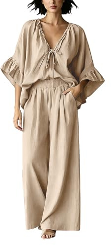 vaolkwsacz Co Ord set damer sommar fritidsoverall enfärgad plisserad volang tvådelad byxkostym fladdermusärm V-ringad snörning topp och elastisk midja breda ben byxor med fickor, kaki, XL