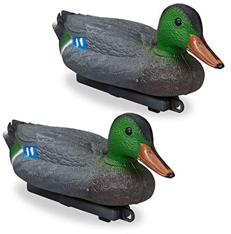 Relaxdays 2 x Teichente im Set, schwimmender Erpel, Lockente aus Kunststoff, wetterfest, Dekofigur für Teich, Garten, Mehrfarbig