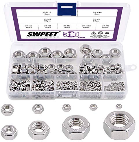 Swpeet 310 Stück metrisches 304 Edelstahl 9 Größen Sechskantmuttern Sortiment Kit Grobgewinde Sechskantmutter 9 Größen – M2 M2.5 M3 M4 M5 M6 M8 M10 M12