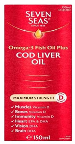Seven Seas Omega 3 Fish Oil Plus Cod Liver Oil, Maximum Strength Liquid, 150 ml, Omega-3, EPA & DHA + Cod Liver Oil Tablets, Omega-3 Fish Oil, Can Be Taken On Its Own Or Mixed