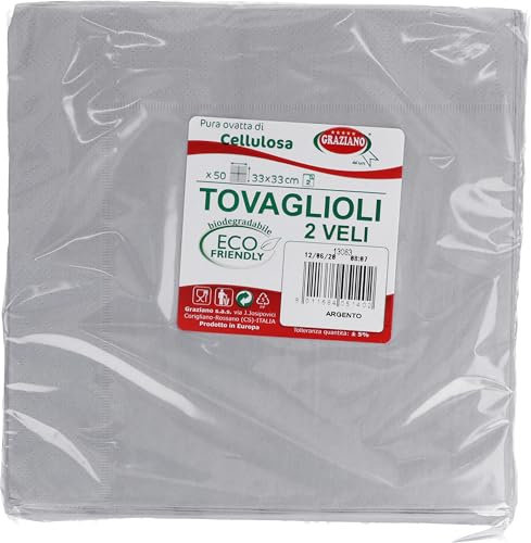 Graziano, Servilletas de papel desechables biodegradables, ideales para fiestas y comidas, paquete de 50 servilletas, formato 33 x 33, dobladas en 4, doble capa, pura guata de celulosa, color plateado