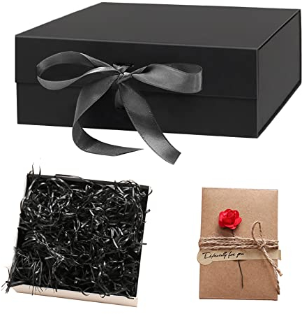 Idota Geschenkbox mit Deckel, Geschenkschachtel Schwarz Magnetische Geschenkboxen mit Schleifenband, Grußkarten, Füllmaterial, Geschenkboxen für Hochzeit Geburtstag Weihnachten Jubiläum (Schwarz-S)