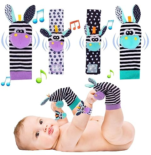 Accevo ensemble de 4 pièces chaussettes en rotin pour bébé bracelet en rotin ensemble bébé jouet éducatif pour la petite enfance nouveau - né mignon animal doux et sensuel cadeau naissance 0-36 mois