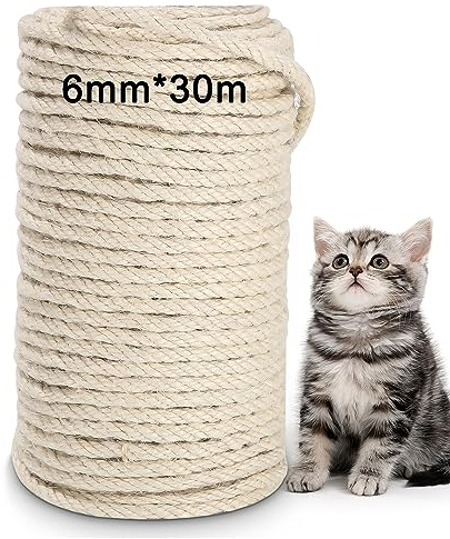 Cuerda de cáñamo Natural 6mm*30M Cuerda de sisal para rascador Convient pour Reparar y Reemplazo de Gato Rascarse Pilar,la décoration de Jardin,Accesorios para Gatos,Artesanal de Bricolaje (Blanco)