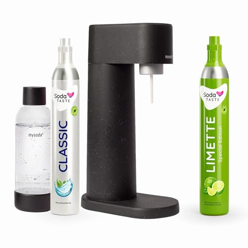 Sparpaket: Mysoda Woody - Wassersprudler aus erneuerbarem Holzkomposit mit 1L BPA-freier Plastikflasche, CO2-Zylinder Classic + CO2-Zylinder Limette (Schwarz)