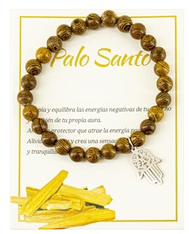 Only faith Pulsera de Palo Santo con Cuentas de Madera y Colgante Amuleto de protección Nudo de bruja, Equilibra Energías Negativas (Mano de Fatima)