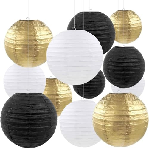 12pcs Black Gold White Paper Lanterns,Round Hanging Paper Lampshade,Birthday,Baby Shower,Wedding,Party,Ceiling Decoration（4 6 8 10 ）