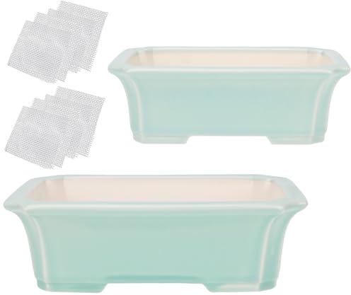 Set of 2 Zisha White Clay Bonsai Pot Glazed Shallow Succulent Planter Light Green