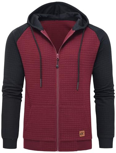 Tyhengta Herren Kapuzenpullover Lässige Jacke Kapuzenpulli mit Reißverschluss Langarm Sweatshirt Sportjacken mit Tasche Weinrot, M