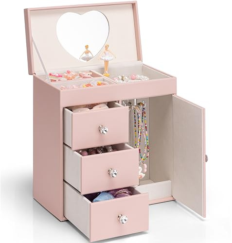 Vlando Girls Jewellery Box, 4 Layer Music Box with Ballerina, Gift for Girls, for Birthday Gifts (Pink