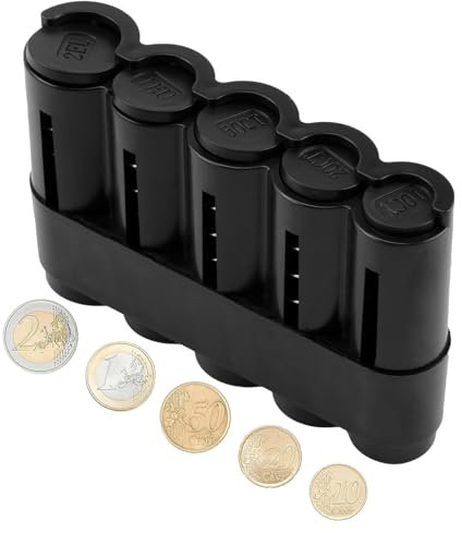 Münzbox mit 5 Fächern, Münzspender in Schwarz, Kleingeld Sortierer für 2€, 1€, 50 Cent, 20 Cent und 10 Cent, Robustes Kunststoffdesign