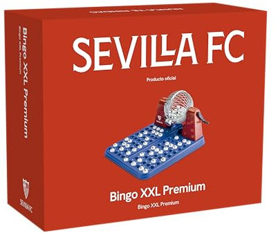 Falomir Bingo XXL Sevilla CF Premium mit automatischer Trommel und unheimlichen Bällen, ab 8 Jahren, Spaß für die ganze Familie, 48 Karten