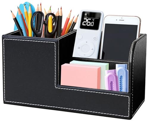 VKFOFEG Organizzatore da scrivania, in pelle PU, portapenne, scrivania, organizer da ufficio, con 3 scomparti per memoria, organizzatore multifunzione, organizzatore per ufficio, casa, scuola (nero)