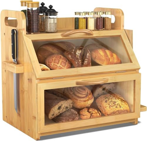 BAMBANG Extra Großes Brotkasten, 2 Etagen Bambus Brotbox für Küchen, Holz Brotbehälter mit Werkzeughalter, Sichtfenster – (37,8 cm x 27,9 cm x 38,9 cm) natürlich