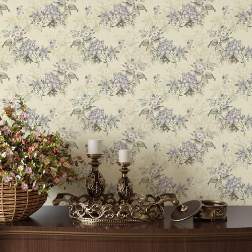 VaryPaper Vintage Lilac Floral Wallpaper Beige Contact Paper 44.5cmx200cm Self Aadhesive Rustic Flower Wall Paper for Living Room Hallway Patterned Sticky Back Plastic Cupboards Drawer Furniture Wrap