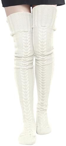 Ferizzia Chaussettes Hautes Femme, 97 CM Extra Longues Coton Tricot Chaud Épais Chaussettes Montantes Femme, Blanc Thigh High Socks, Tricotés en Coton Knee High Socks, pour Filles et Femmes