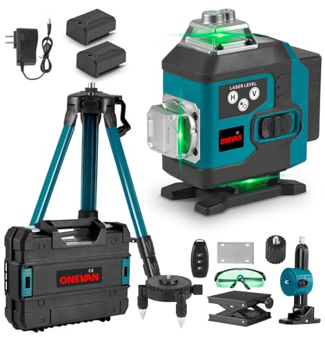 ONEVAN Niveau Laser Croix avec Trépied, Niveau Laser Vert 4D 16 Lignes, Auto-Nivelant ±3°, Portée 25m, 2x2400mAh Batteries, IP54 Laser Croix Vert pour Aménagement Intérieur