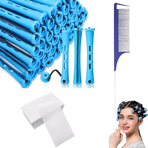 40 Pcs Perm Rods, 0.35 Inch Perm Rollers with 40 Pcs Perm Papers 1 Rat Tail Comb, Home Perm Kit for Women for Natural Hair Long Short Hair Styling Tool Hair Curlers, Hairstyle Creation