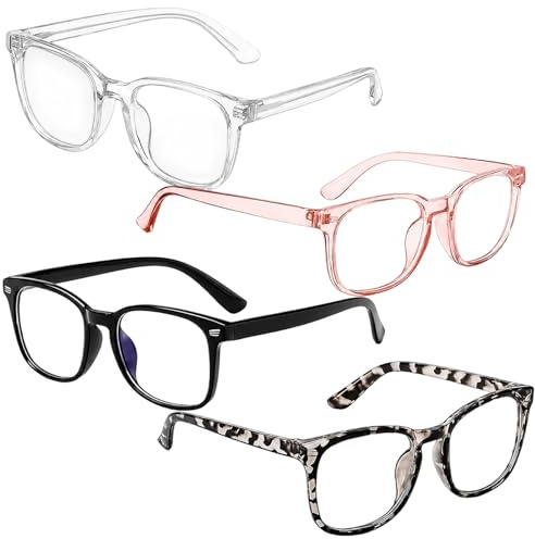 TUBAWD 4Pcs Blue Light Glasses, Fashion Anti-Blue Light Glasses, Four-Piece Set with Black, Pink, White, and Leopard Designs, Effectively Filter Blue Light for Screen Use and Daily Wear