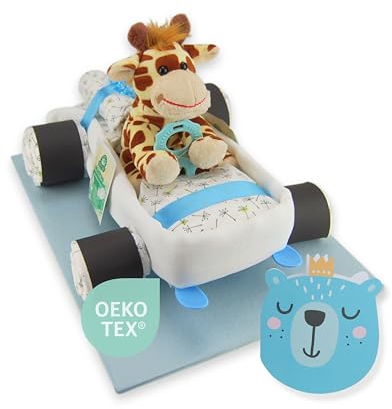 Windeltorte ® Windelauto für Jungen & Mädchen in Blau & Rosa | Windelkuchen/Windelgeschenk - 14 LILLYDOO Windeln | Stofftier - Geschenk zur Geburt | Geschenk Babyparty | Kuscheltier (Blau/Junge)
