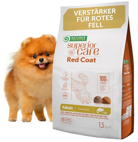 Nature's Protection Superior Care Red Coat Alimento Secco Senza Cereali per Cani Adulti di Taglia Piccola e Mini con Salmone Senza Macchie di Lacrimazione Ipoallergenico con Potenziatore Red Coat 1,5