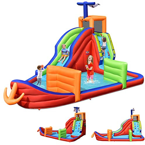 GOPLUS Château Gonflable Bateau Pirate, Aire de Jeux Gonflable Aquatique avec Zone d’Escalade, Toboggan, Pistolets à Eau, Accessoires Riches, pour Jardin, Cour, Plage 460 x 310 x 290 cm