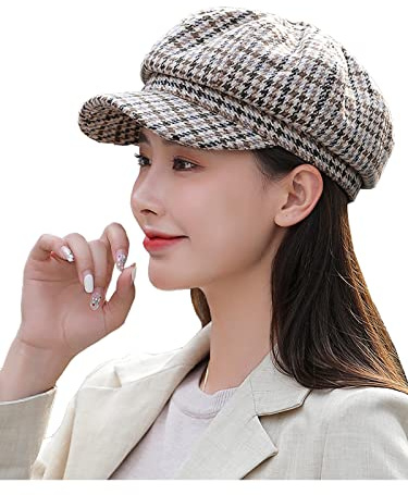 Nanwansu Women's Newsboy Cap Retro Plaid Octagonal Hat Outdoor Sun Hats Casual Cap Painter Hat for Women Paperboy Beret Caps Beige