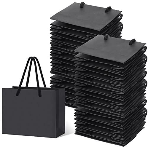 Honoson 100 Pcs Thicken Black Mini Gift Bags with Handles, 3.9 x 4.7 x 2.4 Inch Small Paper Goodie Shopping Bags for Small Business Party Wedding Gift Wrap Valentine