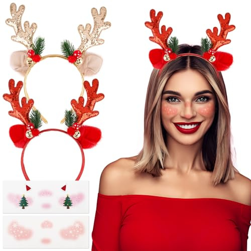 BOFUNX Bandeaux et Tatouages de Visage de Noël pour Adultes et Enfants - Décorations de Fête (2 Serre-têtes et 2 Tatouages)