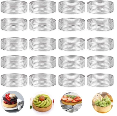 Happysnow 20 anillos redondos para tartas con agujero, pastel de frutas, quiches, tartas, mousse, cocina, molde para hornear, anillo perforado para mousse, 8 cm
