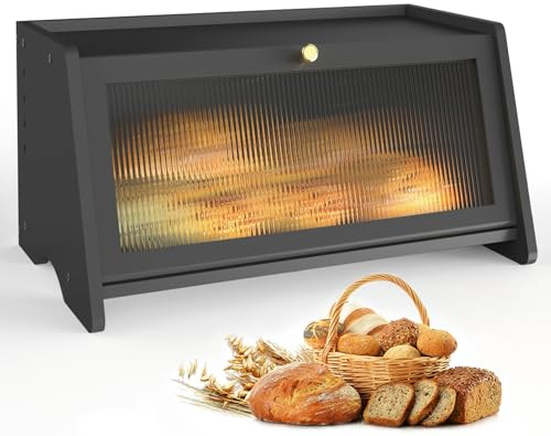 Black Bamboo Bread Bin for Kitchen, Large Bin with Window and Air Vents to Keep Fresh Bread