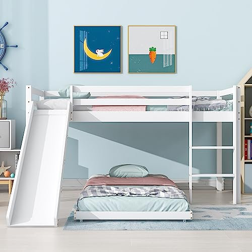 BTM Children's Cabin Bed Frame with Slide & Ladder, Bunk Bed for Kids with Adjustable Ladder and Slide, Adjustable Lower Bed (White, 190x90cm+200x90cm)