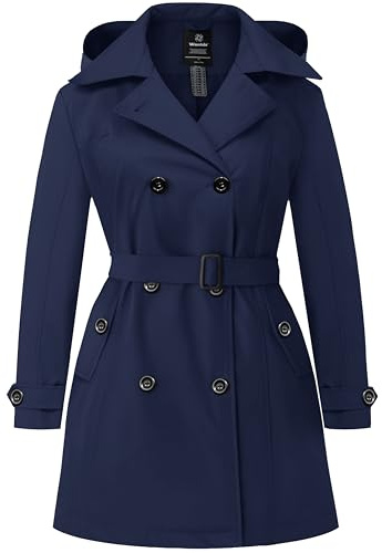 Wantdo Women's Plus Size Trench Coat Double-Breasted Waterproof Classic Lapel Overcoat Stylish Pea Coat with Belt Navy 32