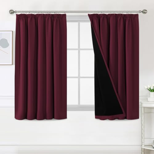 BellaHills 100% Blackout Curtains for Bedroom Thermal Insulated Curtains & Drapes Blackout Curtains Pencil Pleat Curtains for Living Room with Black Liner 2 Panels Set, 46 x 54 Inch, Burgundy