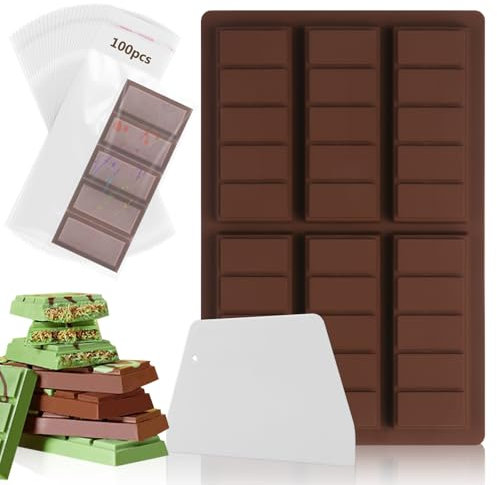 Jadesiegel Molde de Silicona para Chocolate con 6 Cavidades | Incluye 1 Espátula y 100 Bolsas | Perfecto para Knafeh, Barras de Pistacho, Trufas y Regalos DIY