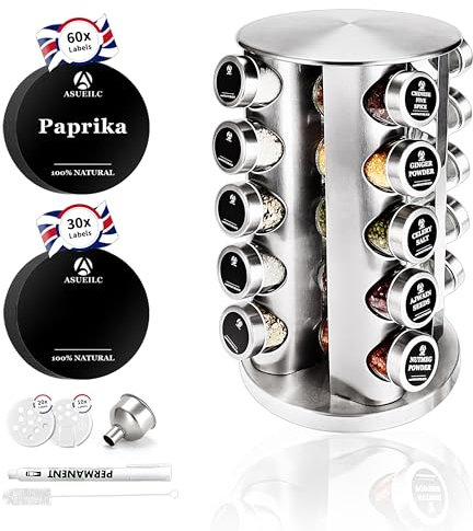 DSUID Spice Rack Standing Carousel with 20 Jars 100 ml, 360 Degree Rotating Stainless Steel Rack, Holder is Easy to Care and Suitable for Many Kitchen Styles,kitchen storage & organisation