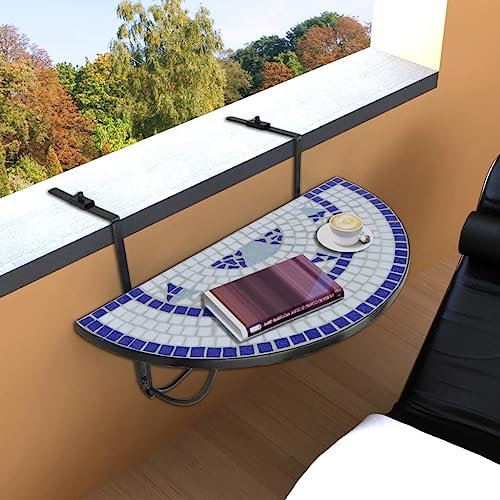 Rlxzsn Tavolo da balcone, tavolo da pranzo, tavolo da caffè, tavolo semicircolare con mosaico in ceramica, mobili da giardino per pasti all'aperto, design elegante blu e bianco, 76 x 56 x 64 cm