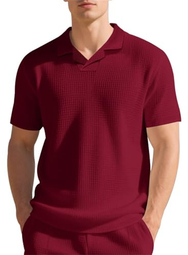 Camisas polo de manga corta para hombre, cuello de punto gofre, camiseta de golf, camiseta de verano ajustada, color liso, para trabajo, negocios, Z01-polo rojo para hombre, XXL