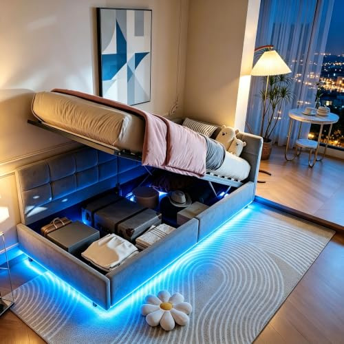 Sängklädsel, barnsäng, 90 x 200, med LED-och USB-portar, ungdomssäng, 90 x 200, med hydrauliskt förvaringsutrymme, bäddsoffa, enkelsäng, dagsäng, sängram med ribbotten, sammet