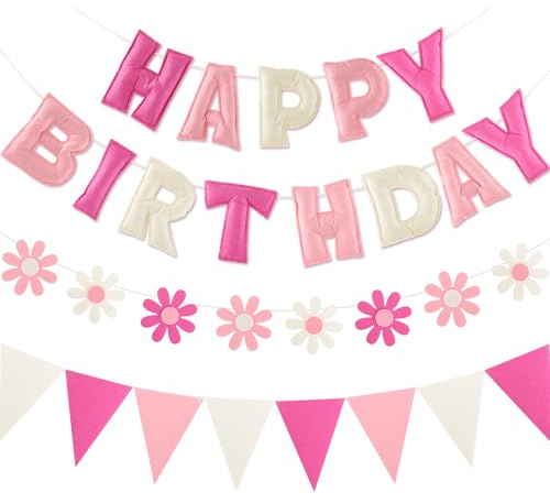 YEOCU Felt Birthday Decorations, NO DIY, Pre-Strung 3D Felt Happy Birthday Banner with Fabric Flower Garland, Colorful Triangle Flags, Birthday Party Decorations for Women Men Boys Girls (Pink&White)