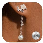 Dochais Boucles d'oreilles en Argent 925 pour Femmes, Boucles d'oreilles Gouttes Perle avec Fleur, Longs Pendants Tendance, Ensemble Délicat pour Mariée, Bijou Hypoallergénique Argent