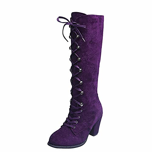 Overknees Western Boots Women's Long Shaft Boots, Pointed Toe High Heel Boots Women Fashion Long Ankle, Overknee Snow Boots Slip On Shoes, Classic Lace-Up Boots with Low Heel, purple, 8 UK