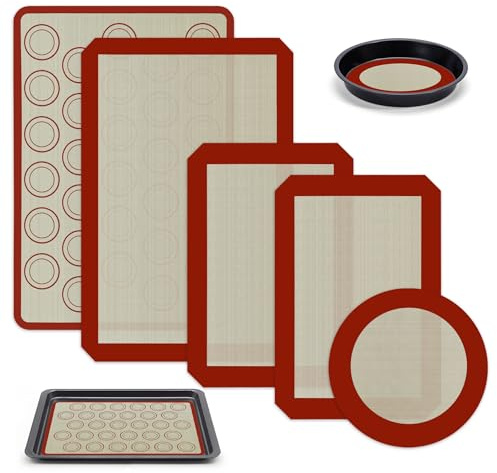 5 Pezzi Tappetini da Forno in Silicone Antiaderente Riutilizzabili – Carta Forno in Silicone per Biscotti, Dolci e Pasticceria, Resistenti fino a 250°C, Diverse Misure