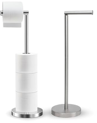 Toilet Roll Holder Free Standing – Rustproof Stainless Steel Toilet Paper Holder for up to 5 Rolls | Stable Base, No Drilling | Chrome Brushed Finish |2-in-1 Design | 56.5×16.8cm