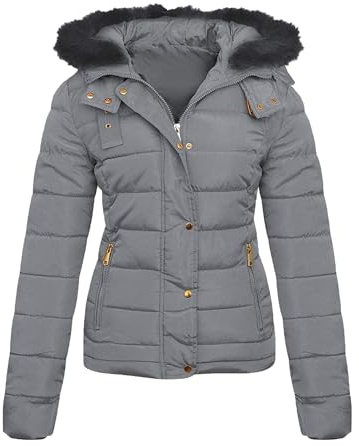 shelikes Womens Hooded Winter Jacket Quilted Padded Warm Coat Parka Jacket With Faux Fur Hood & Zip Pocket