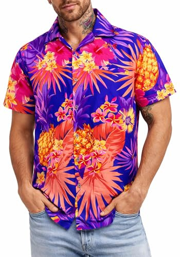 King Kameha Funky Hawaii-skjorta för män, kortärmad, frontficka, Hawaii-tryck, ananas, palmer och blommor, Mörkblå, XL